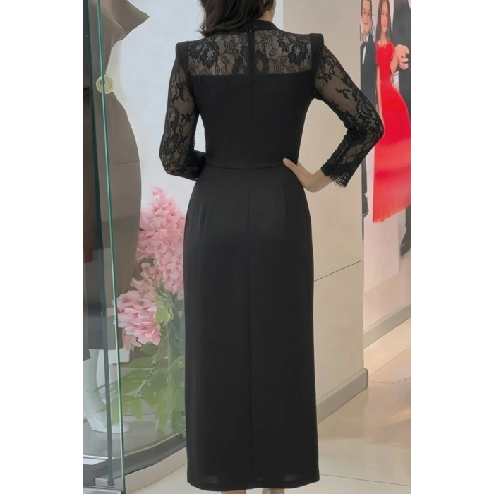 Kadın Uzun Kollu Balıkçı Yaka Dantel Detaylı Midi Ithal Krep Elbise