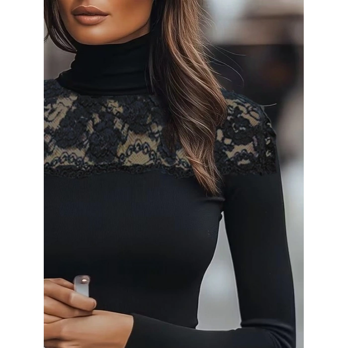 Kadın Uzun Kollu Balıkçı Yaka Dantelli Kaşkorse Bluz