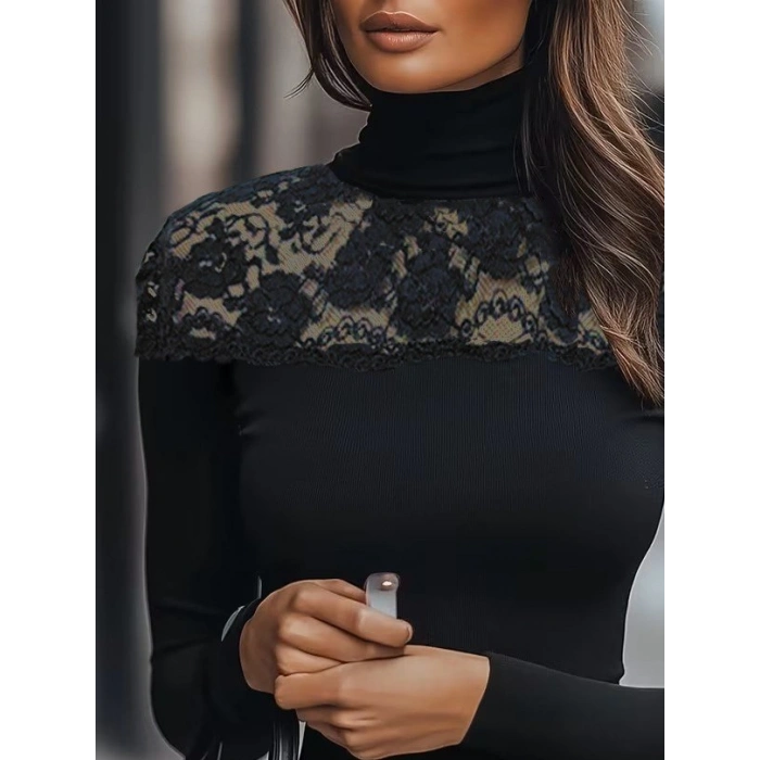 Kadın Uzun Kollu Balıkçı Yaka Dantelli Kaşkorse Bluz