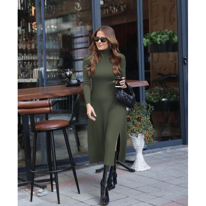 Kadın Uzun Kollu Balıkçı Yaka Derin Yırtmaç Detay Krep Elbise