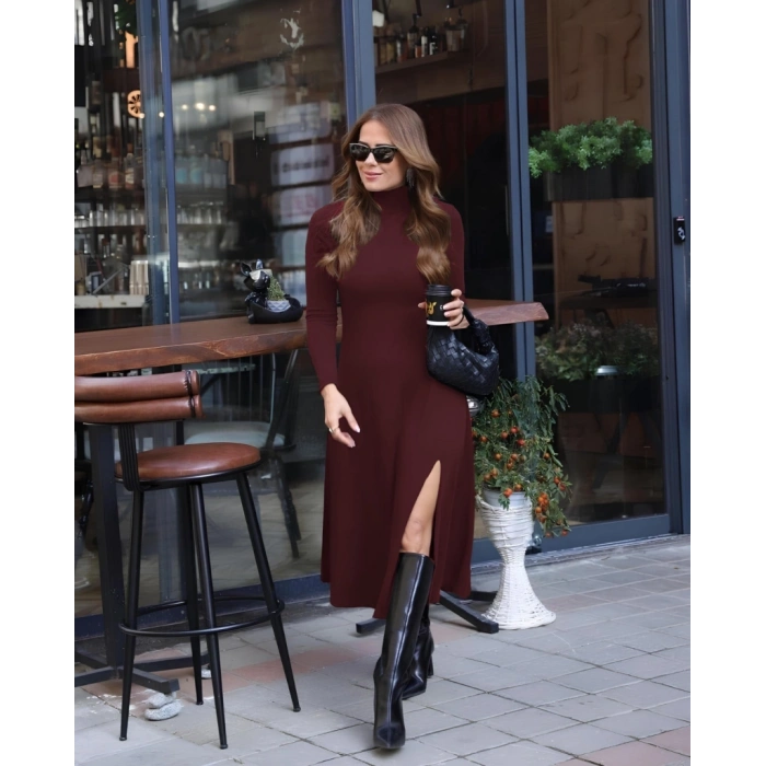 Kadın Uzun Kollu Balıkçı Yaka Derin Yırtmaç Detay Modal Elbise