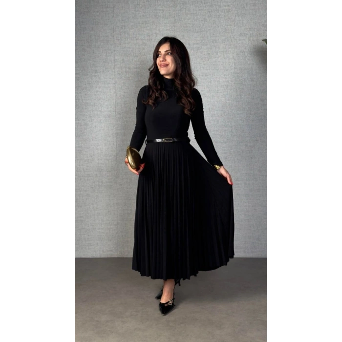 Kadın Uzun Kollu Balıkçı Yaka Kemersiz Pileli Uzun Sandy Elbise