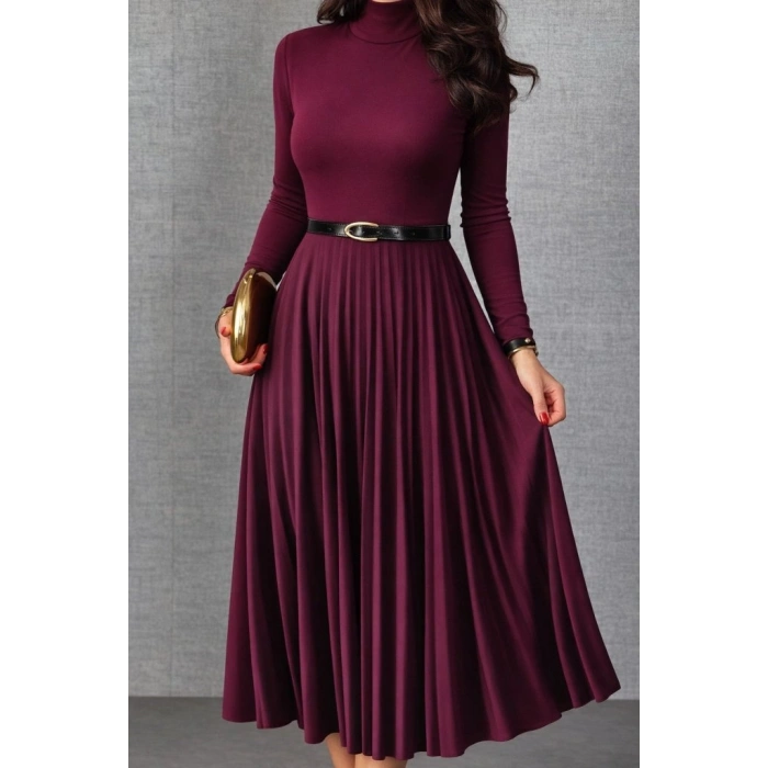 Kadın Uzun Kollu Balıkçı Yaka Kemersiz Pileli Uzun Sandy Elbise