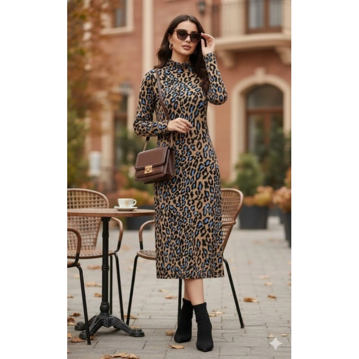 Kadın Uzun Kollu Balıkçı Yaka Leopar Desenli Midi Boy Elbise