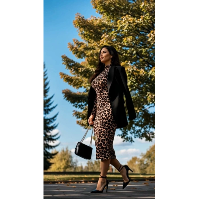 Kadın Uzun Kollu Balıkçı Yaka Leopar Desenli Midi Boy Elbise