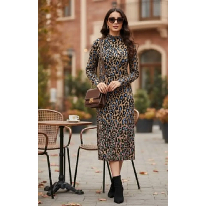 Kadın Uzun Kollu Balıkçı Yaka Leopar Desenli Midi Boy Elbise