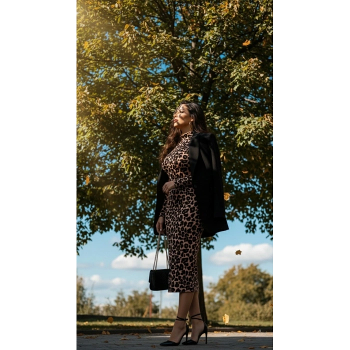 Kadın Uzun Kollu Balıkçı Yaka Leopar Desenli Midi Boy Elbise