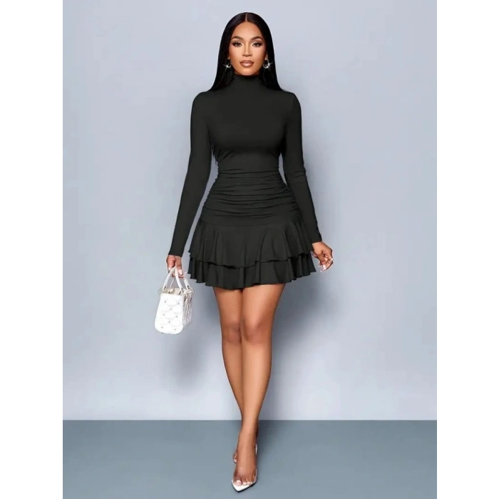 Kadın Uzun Kollu Balıkçı Yaka Mini Fırfırlı Sandy Elbise