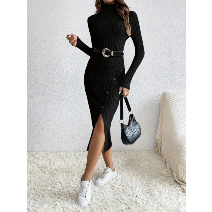 Kadın Uzun Kollu Balıkçı Yaka Yırtmaçlı Düğmeli şardonlu Kaşkorse Elbise