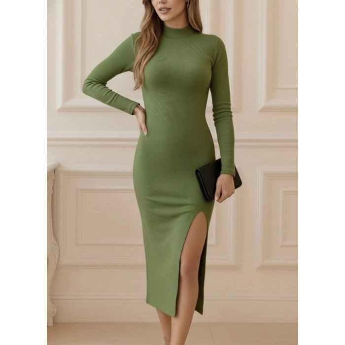 Kadın Uzun Kollu Balıkçı Yakalı Yanlardan Yırtmaçlı Kaşkorse Maxi Elbise