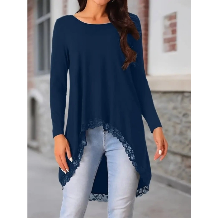 Kadın Uzun Kollu Bisiklet Yaka Asimetrik Kesim Detaylı Dantelli Viskon Bluz