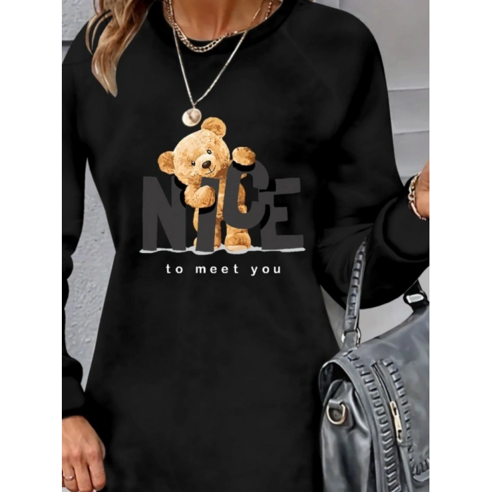 Kadın Uzun Kollu Bisiklet Yaka Ayı Desenli Viskon Iki Iplik Elbise