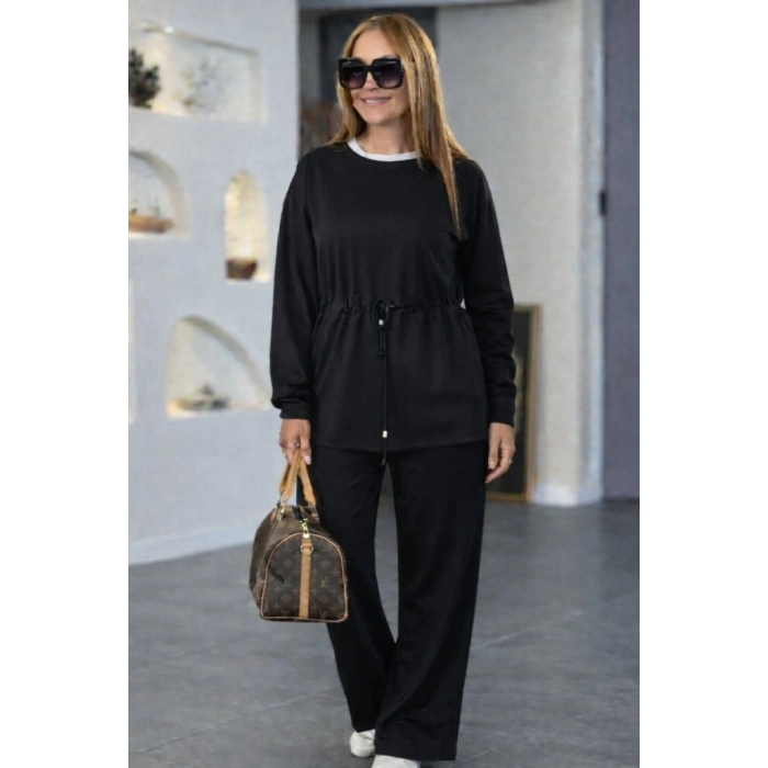 Kadın Uzun Kollu Bisiklet Yaka Belden Büzgülü Bağcıklı Viskon Iki Iplik Bluz Ve Pantolon Ikili Takım