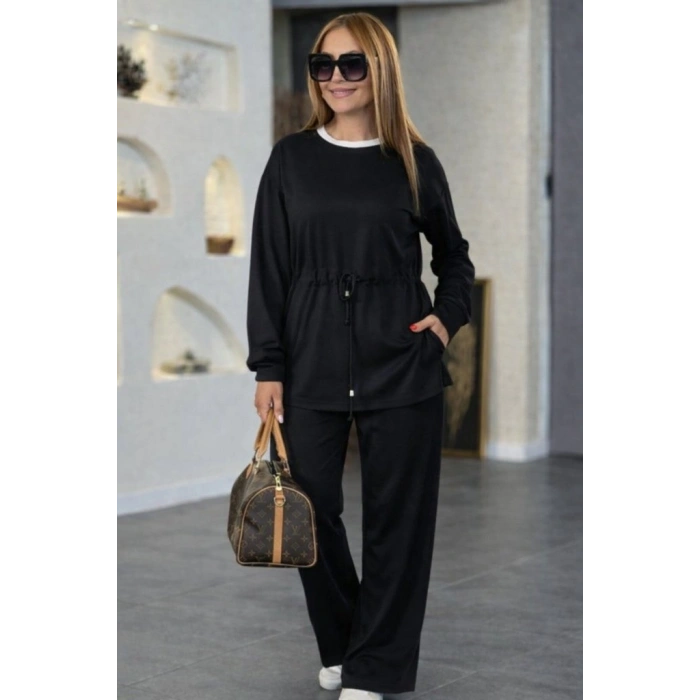 Kadın Uzun Kollu Bisiklet Yaka Belden Büzgülü Bağcıklı Viskon Iki Iplik Bluz Ve Pantolon Ikili Takım