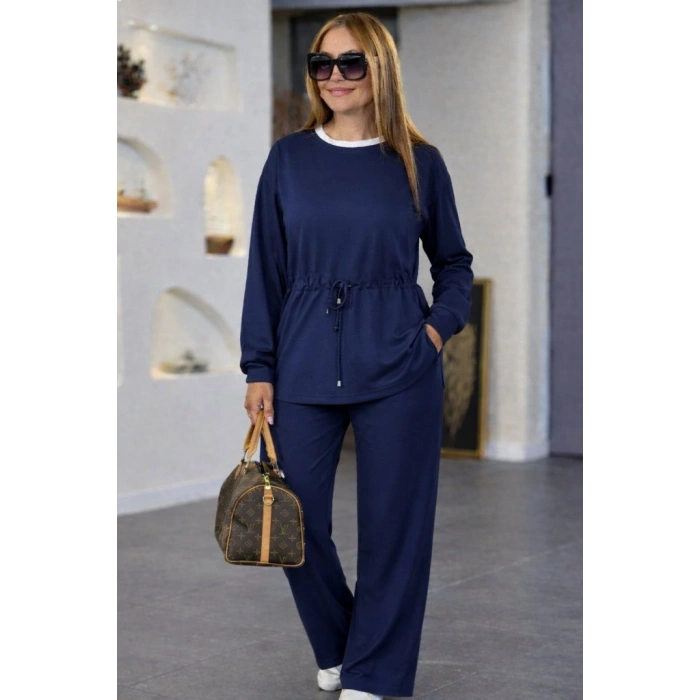 Kadın Uzun Kollu Bisiklet Yaka Belden Büzgülü Bağcıklı Viskon Iki Iplik Bluz Ve Pantolon Ikili Takım