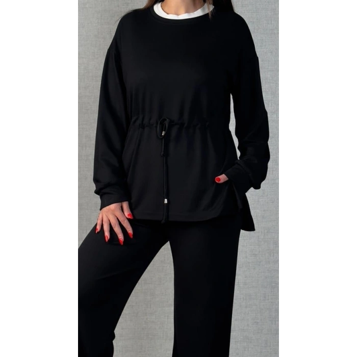 Kadın Uzun Kollu Bisiklet Yaka Belden Büzgülü Bağcıklı Viskon Iki Iplik Bluz Ve Pantolon Ikili Takım