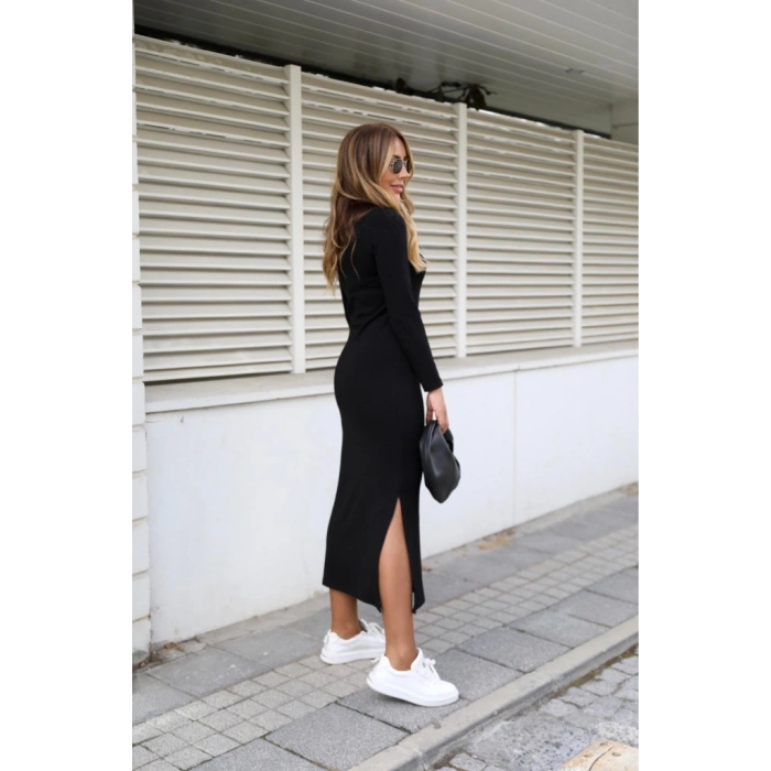 Kadın Uzun Kollu Bisiklet Yaka Belden çapraz Bağlamalı Yandan Yırtmaçlı Uzun Viskon Iki Iplik Elbise