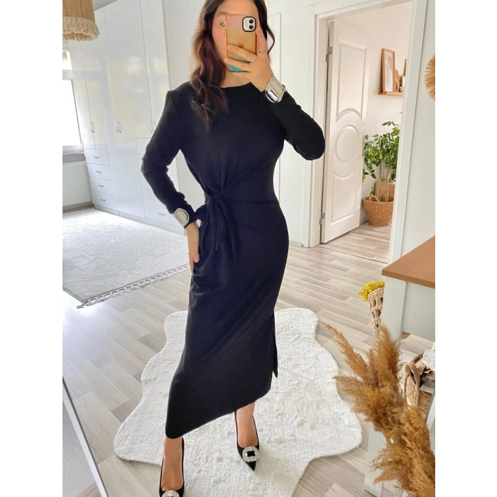 Kadın Uzun Kollu Bisiklet Yaka Belden çapraz Bağlamalı Yandan Yırtmaçlı Uzun Viskon Iki Iplik Elbise