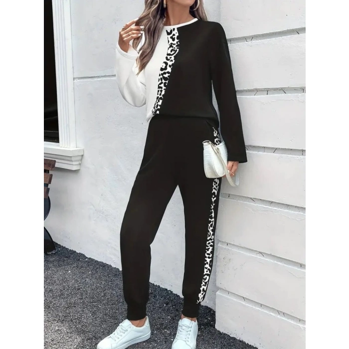 Kadın Uzun Kollu Bisiklet Yaka çift Renkli Viskon Iki Iplik Bluz Ve Pantolon Ikili Takım