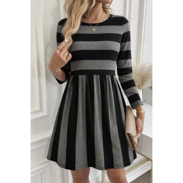 Kadın Uzun Kollu Bisiklet Yaka çizgili Desen Detaylı Süprem Mini Elbise