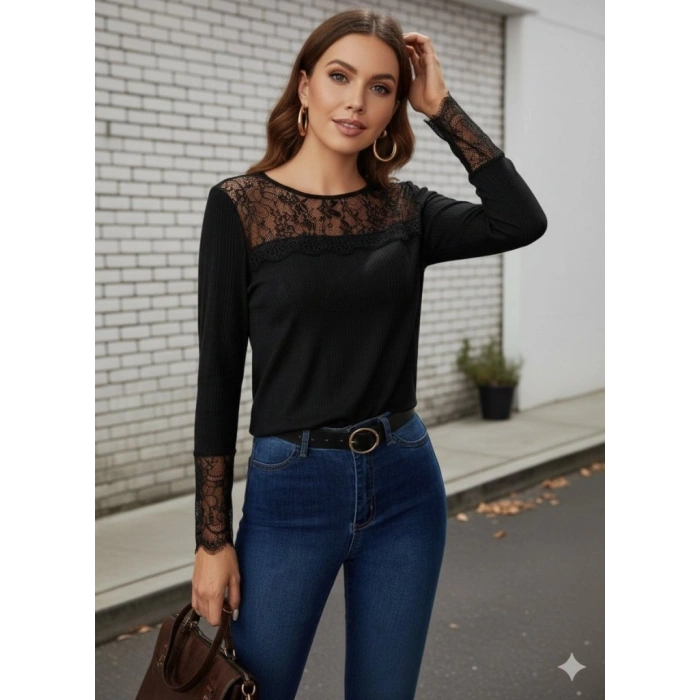 Kadın Uzun Kollu Bisiklet Yaka Dantel Detaylı Burgu Bluz