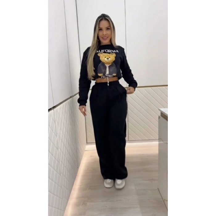 Kadın Uzun Kollu Bisiklet Yaka Desenli Iki Iplik şardonlu Bluz Ve Pantolon Ikili Takım