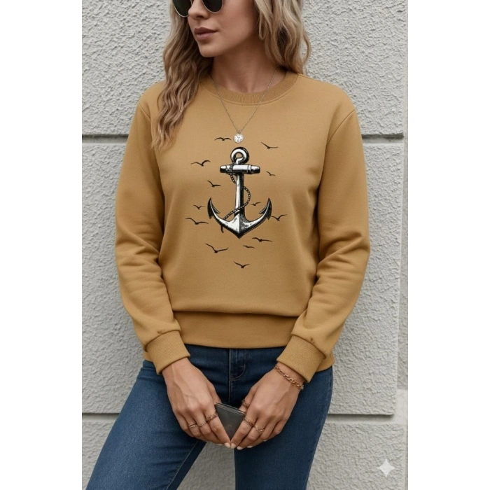 Kadın Uzun Kollu Bisiklet Yaka Desenli Viskon Iki Iplik Bluz