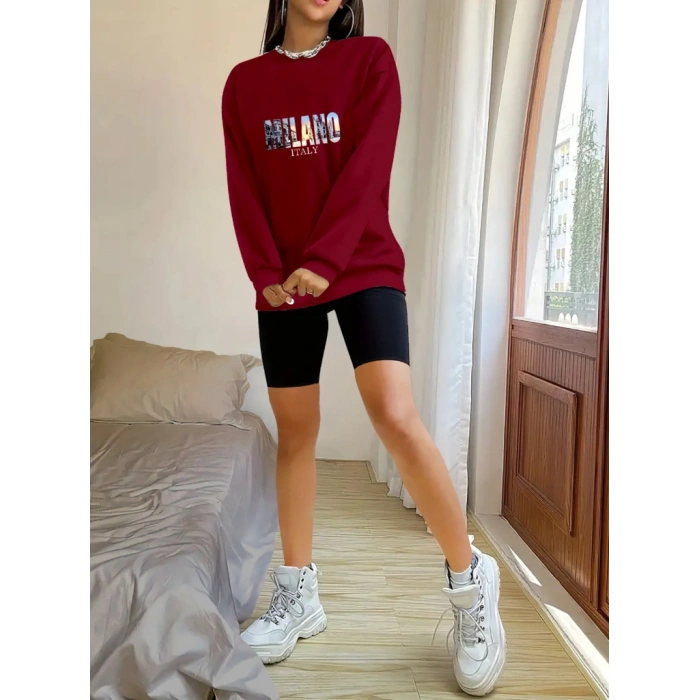 Kadın Uzun Kollu Bisiklet Yaka Desenli Viskon Iki Iplik Bluz