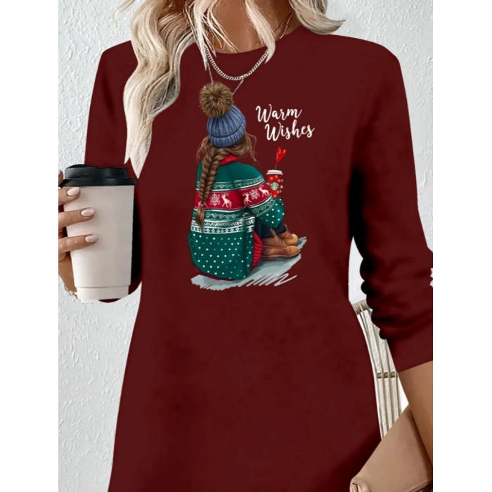 Kadın Uzun Kollu Bisiklet Yaka Desenli Viskon Iki Iplik Elbise