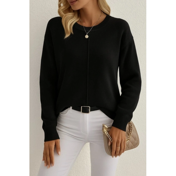 Kadın Uzun Kollu Bisiklet Yaka Düşük Omuz Detaylı Triko Bluz