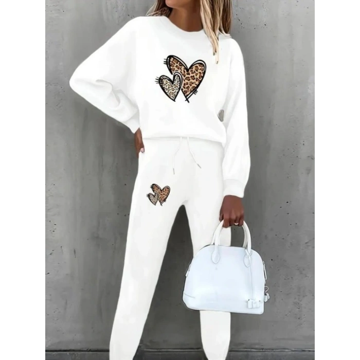 Kadın Uzun Kollu Bisiklet Yaka Kalp Desenli şardonlu üç Iplik Bluz Ve Pantolon Ikili Takım