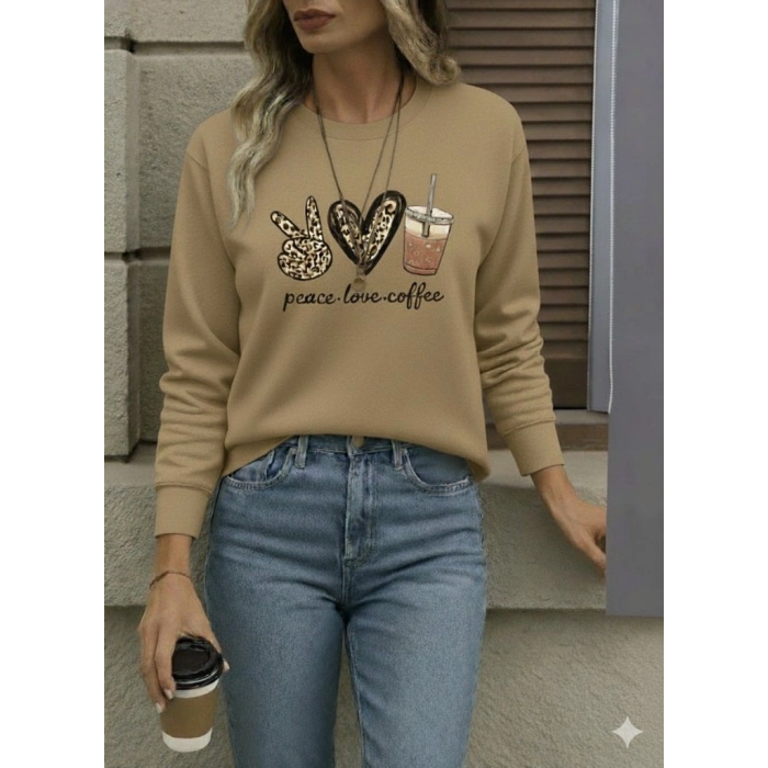 Kadın Uzun Kollu Bisiklet Yaka Kalp Desenli Viskon Iki Iplik Bluz