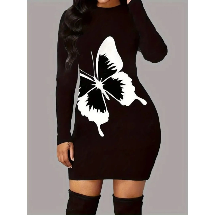 Kadın Uzun Kollu Bisiklet Yaka Kelebek Desenli Kısa Viskon Iki Iplik Elbise