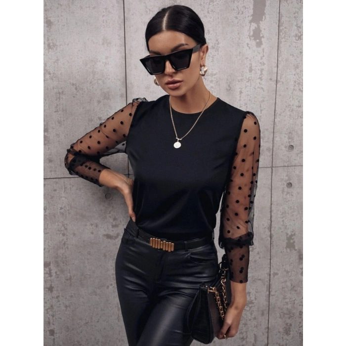 Kadın Uzun Kollu Bisiklet Yaka Kollar Puantiyeli Tül Detaylı Sandy Bluz