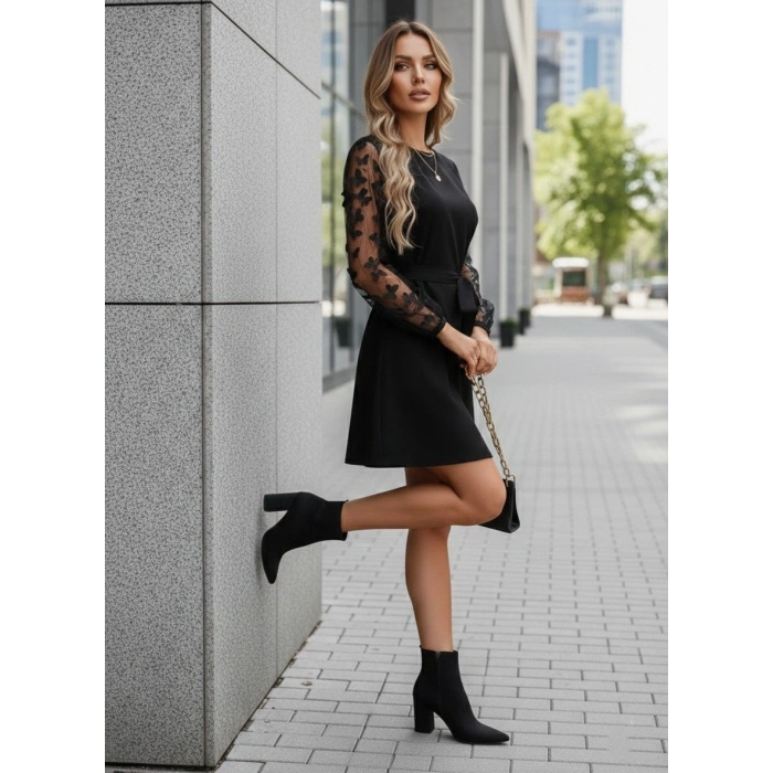 Kadın Uzun Kollu Bisiklet Yaka Kollar Tül Kelebek Detaylı Ithal Krep Elbise