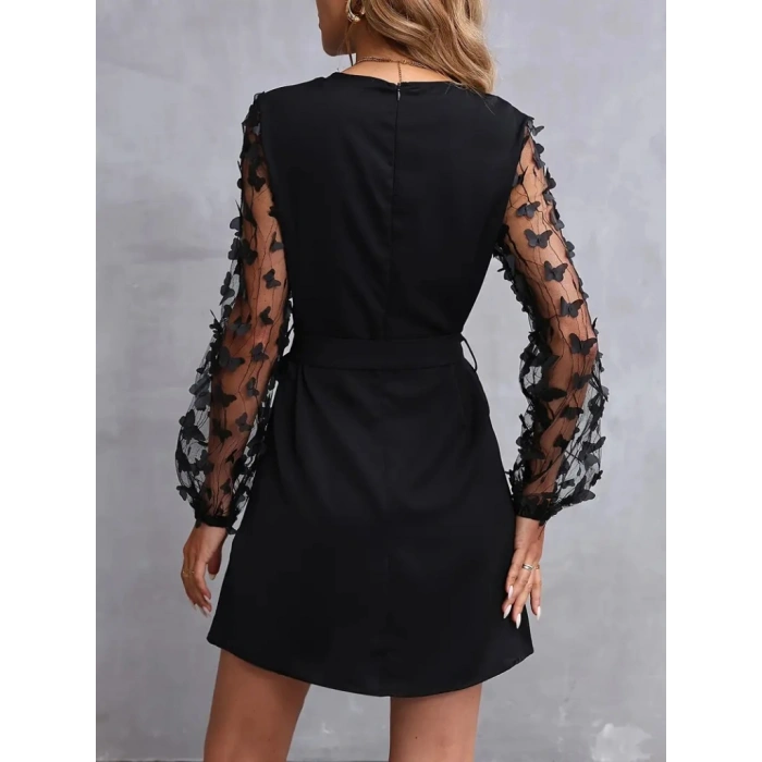 Kadın Uzun Kollu Bisiklet Yaka Kollar Tül Kelebek Detaylı Ithal Krep Elbise