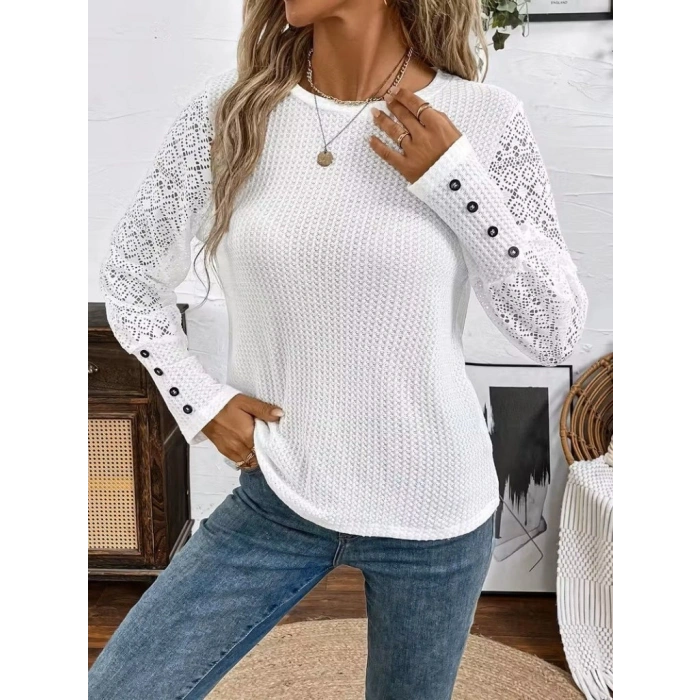 Kadın Uzun Kollu Bisiklet Yaka Kolları Tüllü Waffle Bluz