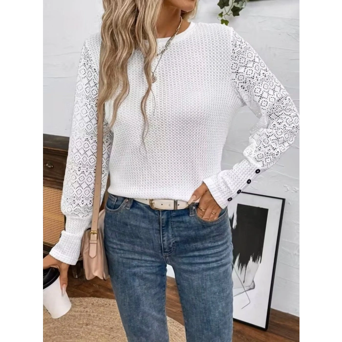 Kadın Uzun Kollu Bisiklet Yaka Kolları Tüllü Waffle Bluz