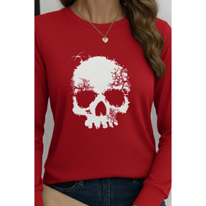 Kadın Uzun Kollu Bisiklet Yaka Kurukafa Desenli Viskon Bluz