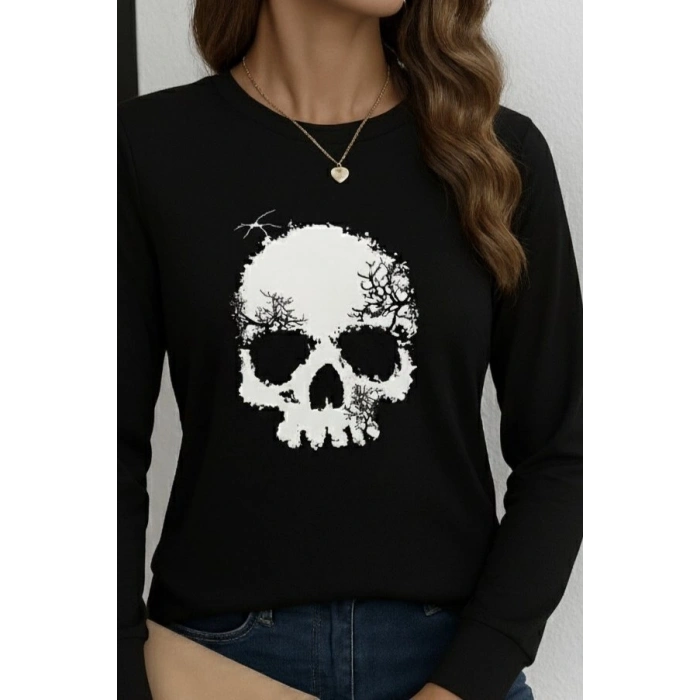 Kadın Uzun Kollu Bisiklet Yaka Kurukafa Desenli Viskon Bluz