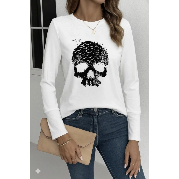 Kadın Uzun Kollu Bisiklet Yaka Kurukafa Desenli Viskon Bluz