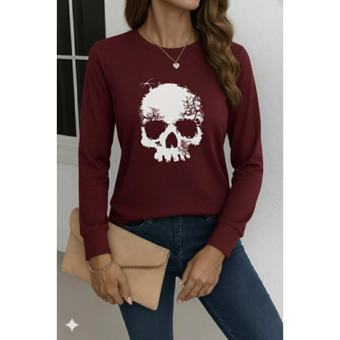 Kadın Uzun Kollu Bisiklet Yaka Kurukafa Desenli Viskon Bluz