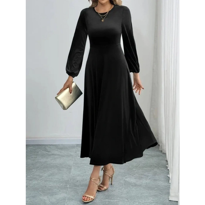 Kadın Uzun Kollu Bisiklet Yaka Midi Kadife Elbise