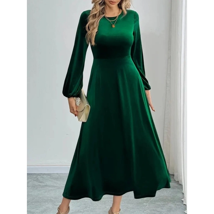 Kadın Uzun Kollu Bisiklet Yaka Midi Kadife Elbise