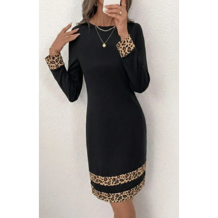 Kadın Uzun Kollu Bisiklet Yaka Mini Ithal Krep Elbise