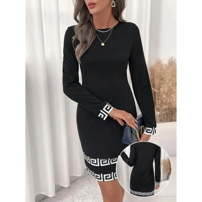 Kadın Uzun Kollu Bisiklet Yaka Mini Ithal Krep Elbise