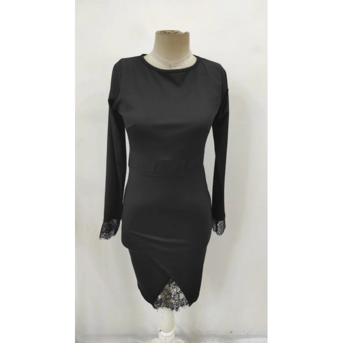 Kadın Uzun Kollu Bisiklet Yaka önden Dantel Ve Yırtmaç Detaylı Dalgıç Elbise