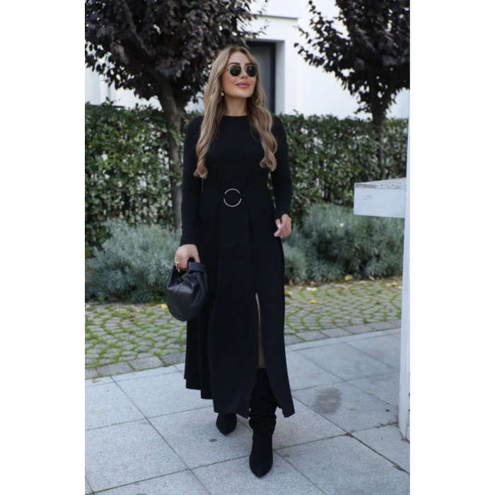 Kadın Uzun Kollu Bisiklet Yaka önden Halka Detaylı Yırtmaçlı Uzun Viskon Iki Iplik Elbise