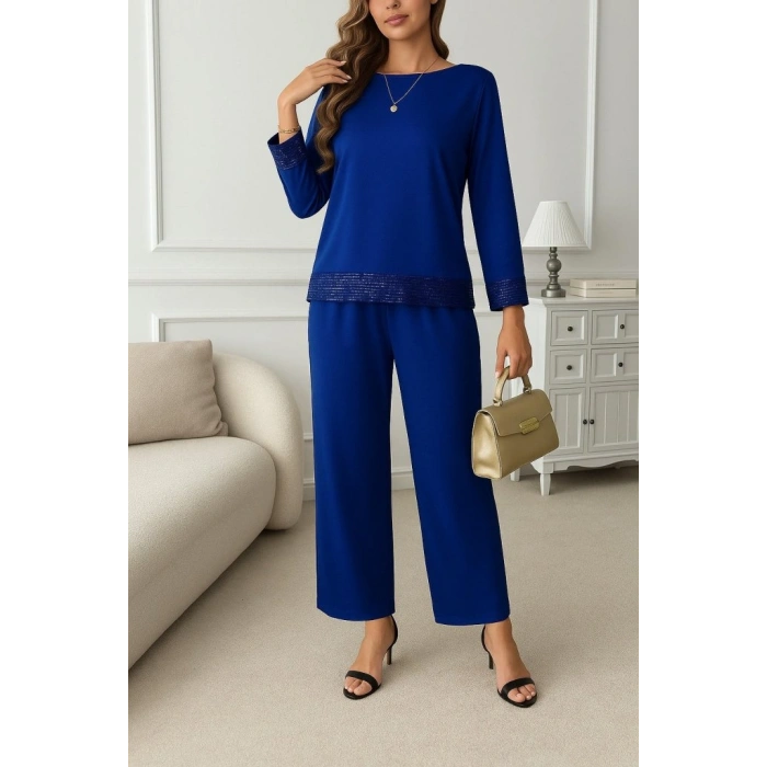 Kadın Uzun Kollu Bisiklet Yaka Pulpayetli Viskon Iki Iplik Bluz Ve Pantolon Ikili Takım