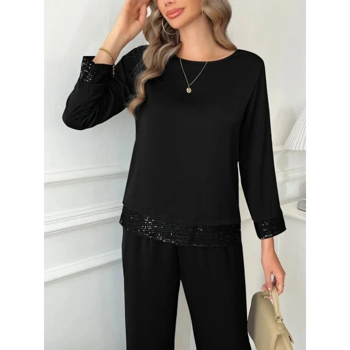 Kadın Uzun Kollu Bisiklet Yaka Pulpayetli Viskon Iki Iplik Bluz Ve Pantolon Ikili Takım